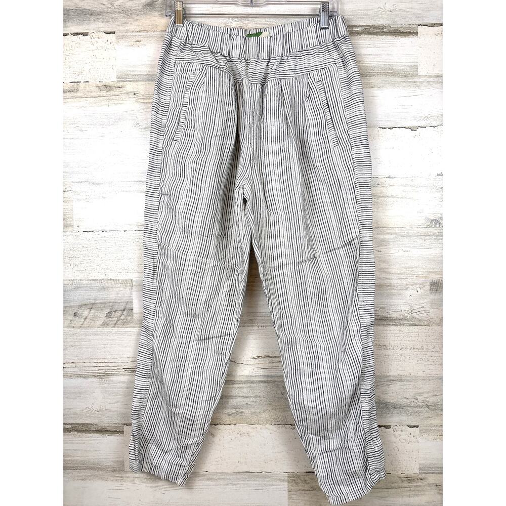 Anthropologie Womens S Blue White Stripe 100 % Linen Pull On Casual Ankle Pants
